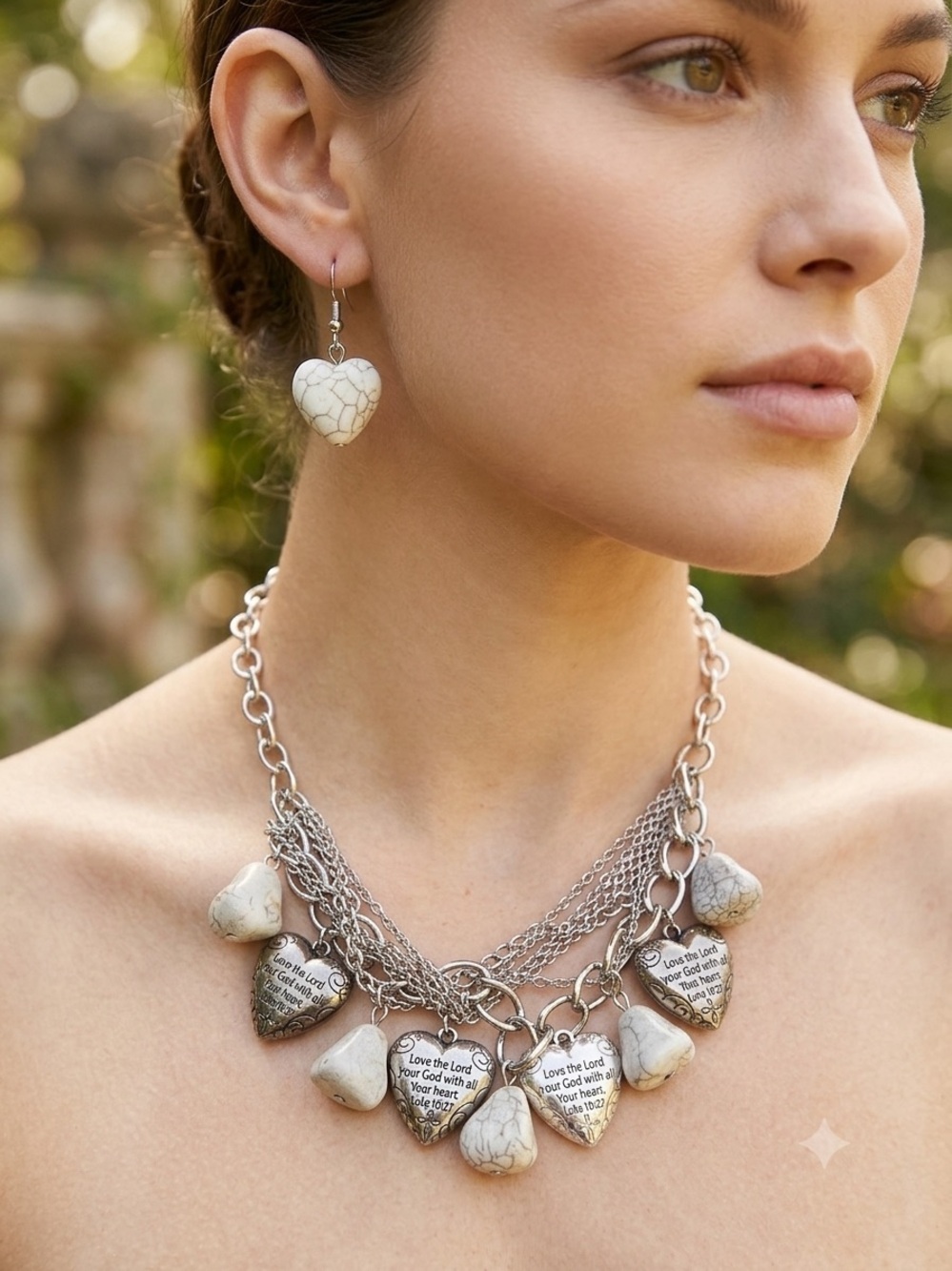 Chunky Silver Chain Necklace with White Heart Charms